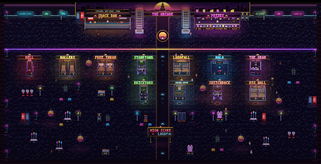 A top down map of THE ARCADE downstairs: the snack bar, the prize counter, the escalators under a sunset mural and two rows of lit cabinets