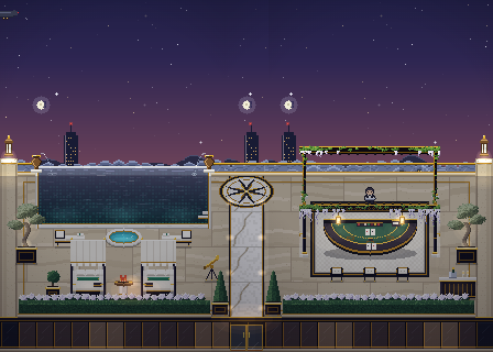 A top down plan of the roof garden: the infinity pool, the fire bowl, the telescope and YOUR TABLE