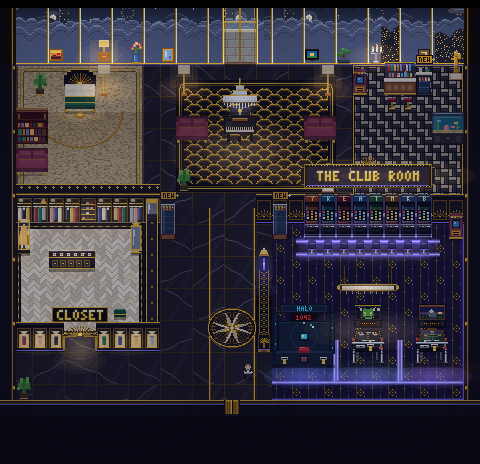 A top down plan of the Penthouse: bedroom, lounge, bar, the walk-in closet and THE CLUB ROOM