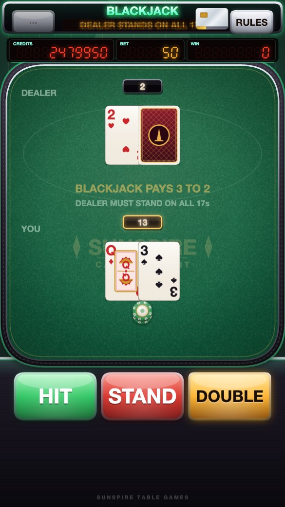 Blackjack: the dealer shows a two, you hold a queen and a three