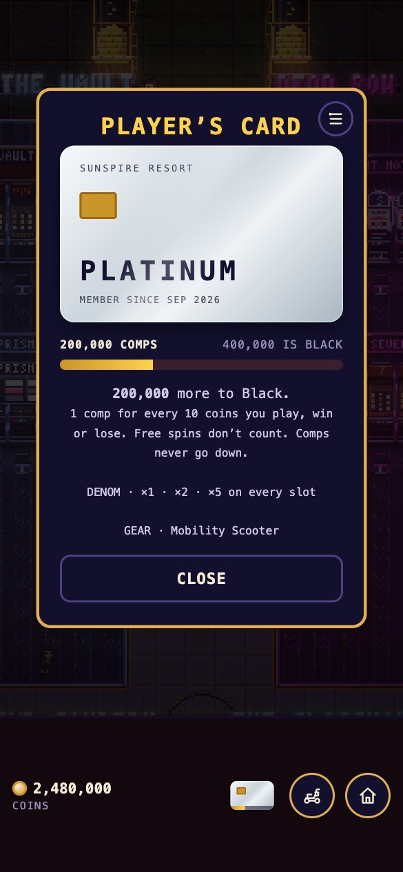 The player's card: a Platinum card, 200,000 comps, 200,000 more to Black