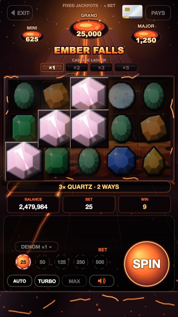 Ember Falls with gem symbols and three jackpots