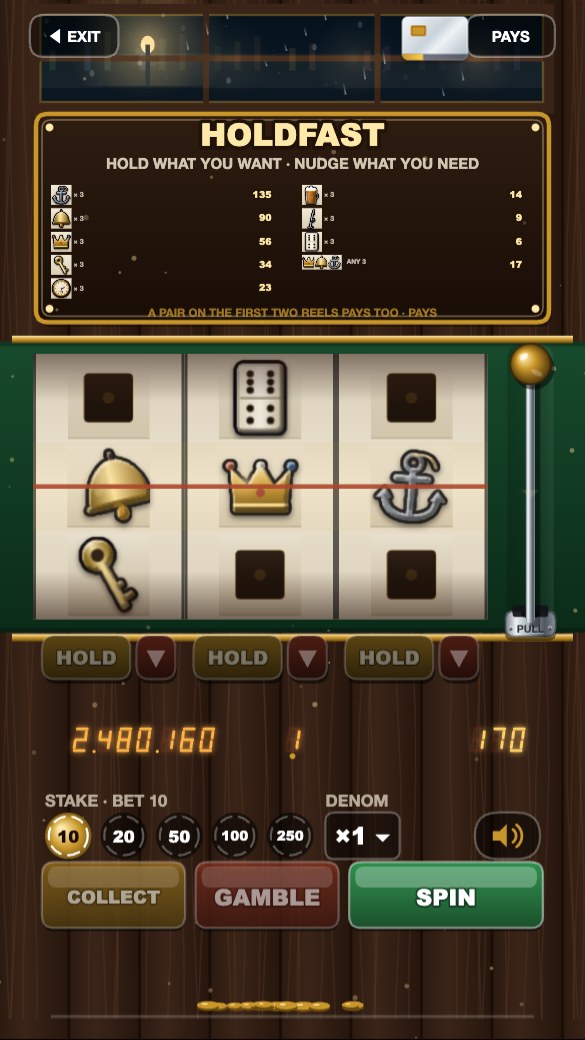 Holdfast, a pub three reel machine with hold buttons under each reel