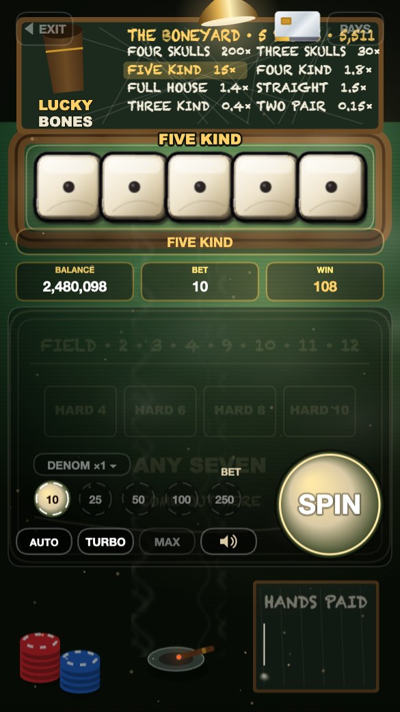 Lucky Bones: five dice rolled like reels