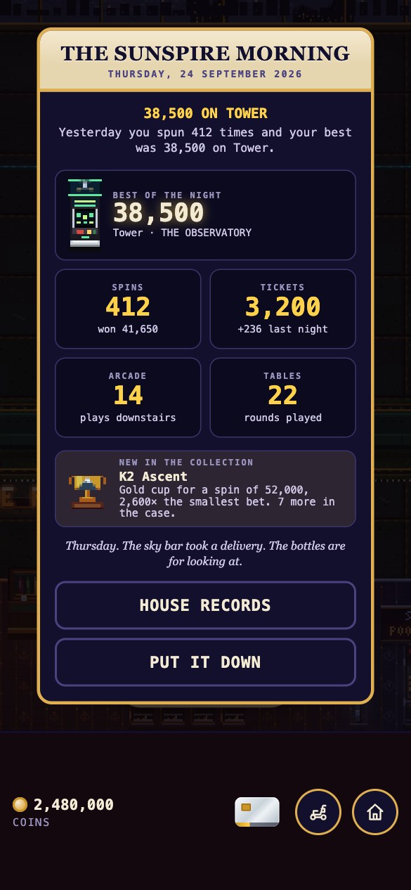 THE SUNSPIRE MORNING: last night's best win was 38,500 on Tower, 412 spins, 14 arcade plays, 22 table rounds
