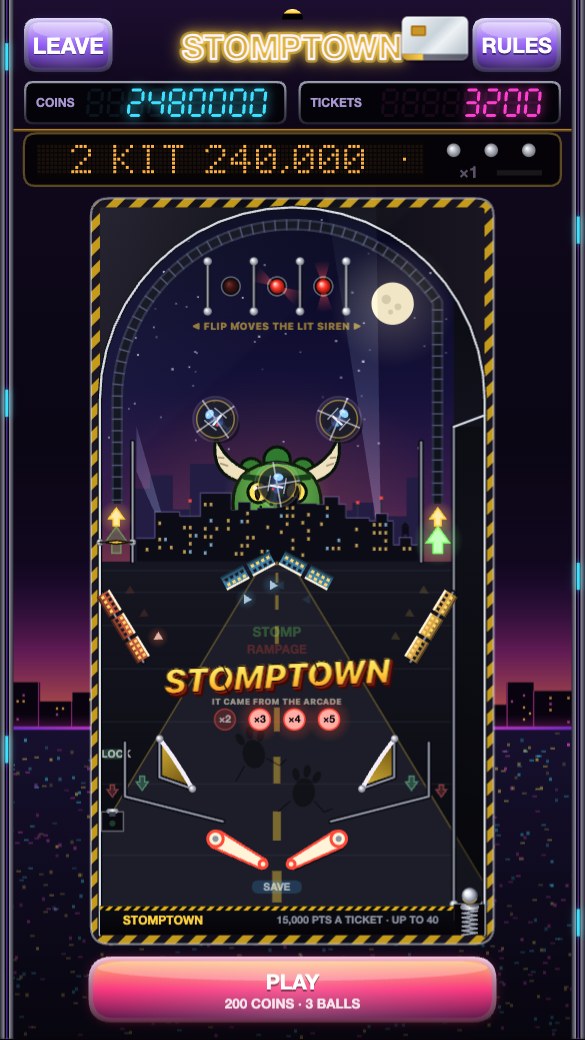 STOMPTOWN, a pinball table under a neon city