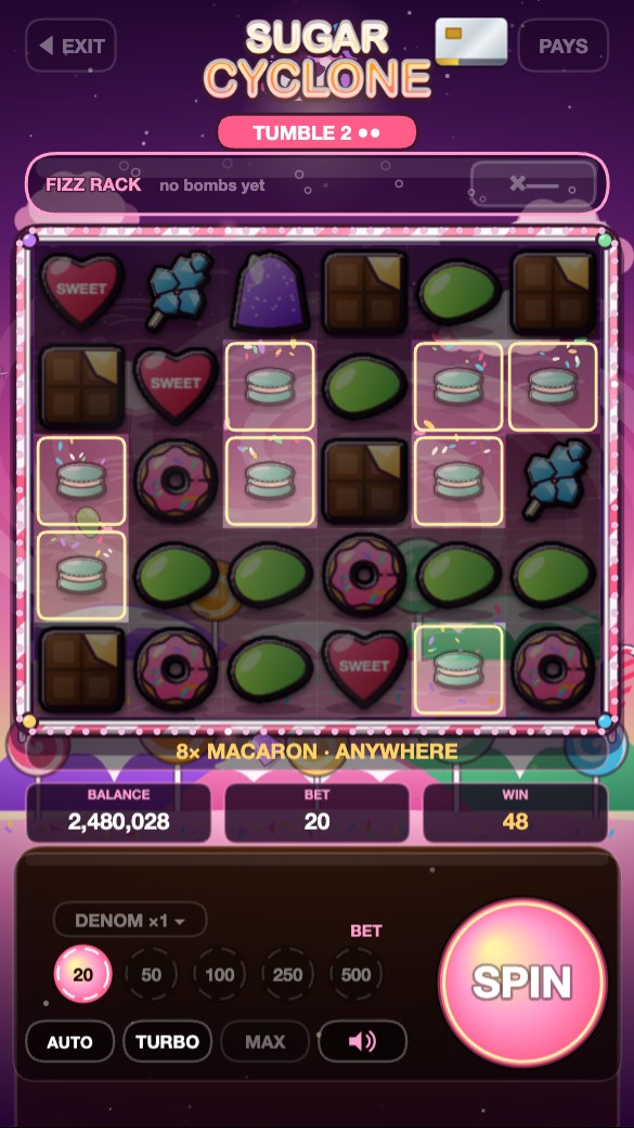 Sugar Cyclone, a candy board that pays anywhere