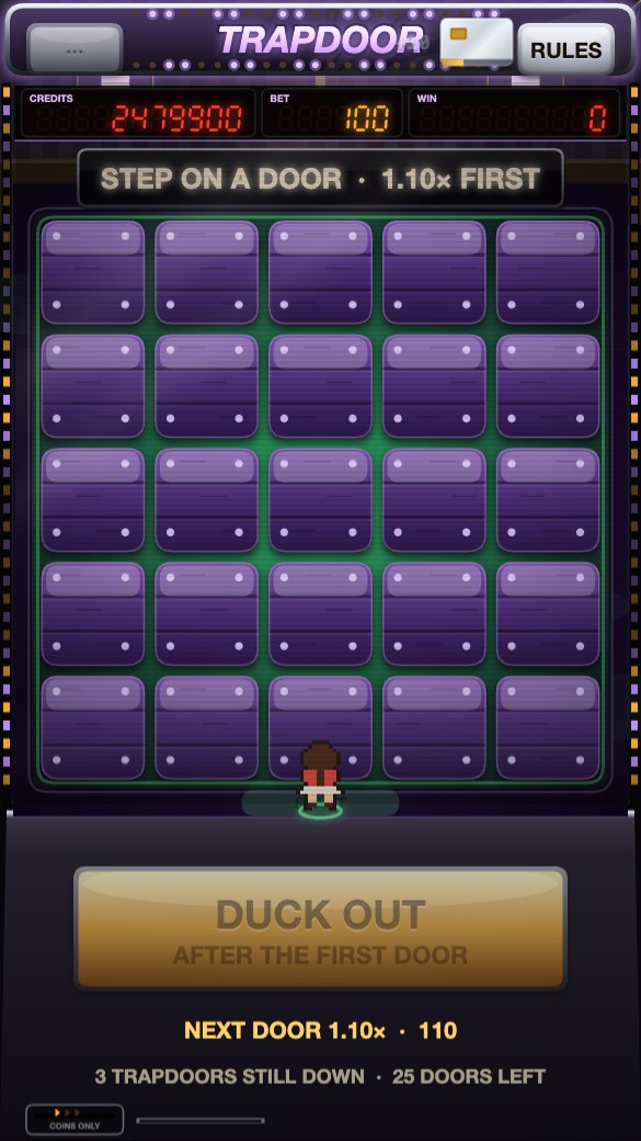 Trapdoor: a board of purple tiles with the guest standing on it