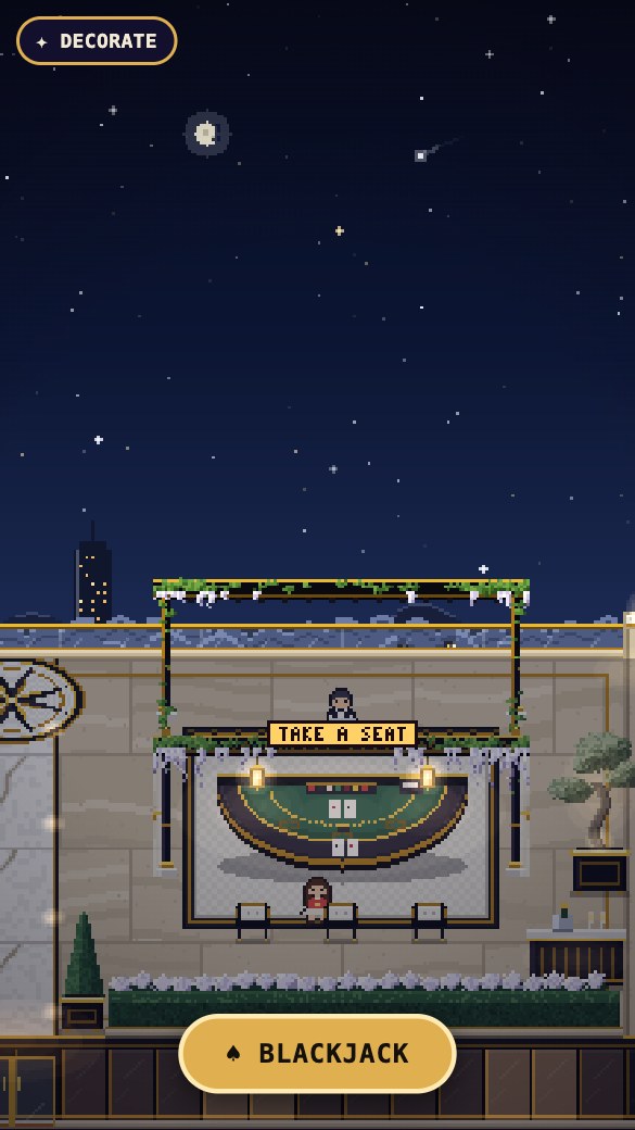 The sky deck at night: an infinity pool, a compass in the marble and the pavilion over YOUR TABLE