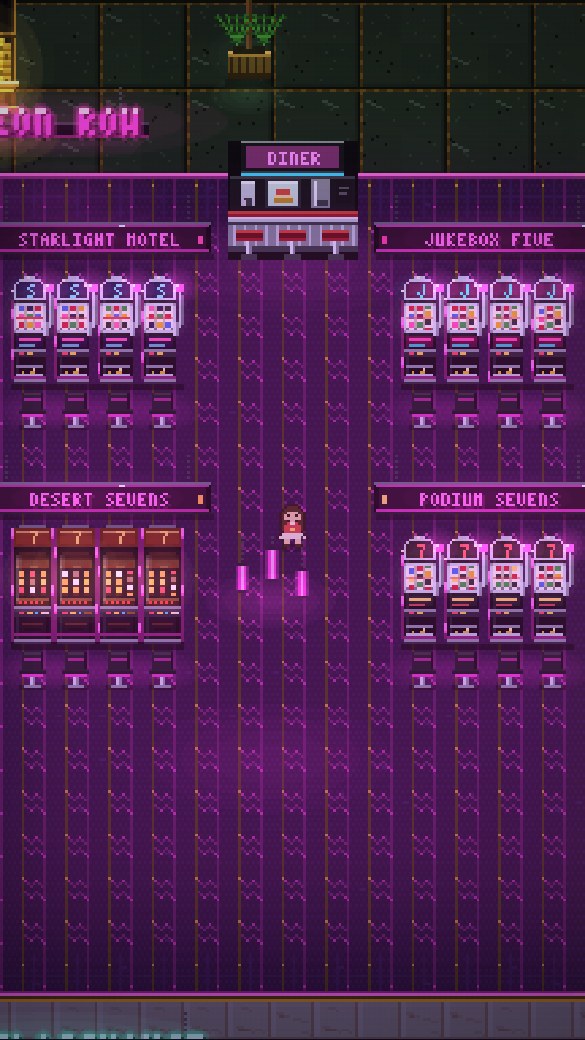 NEON ROW: magenta carpet, a chrome diner counter and pink neon