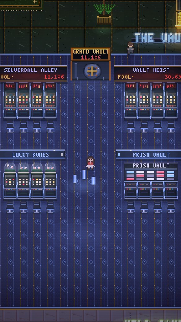 THE VAULT: blue carpet, the GRAND VAULT board over the strongroom door, rows of progressive machines